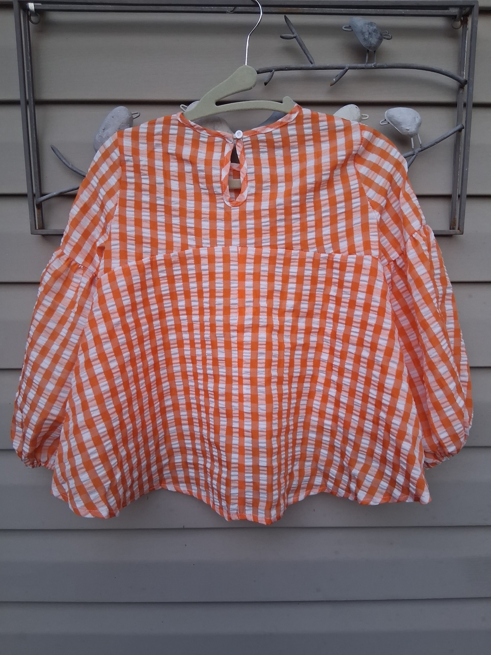 Orange and White Gingham Puff-Sleeve Blouse - Picture 2 of 6